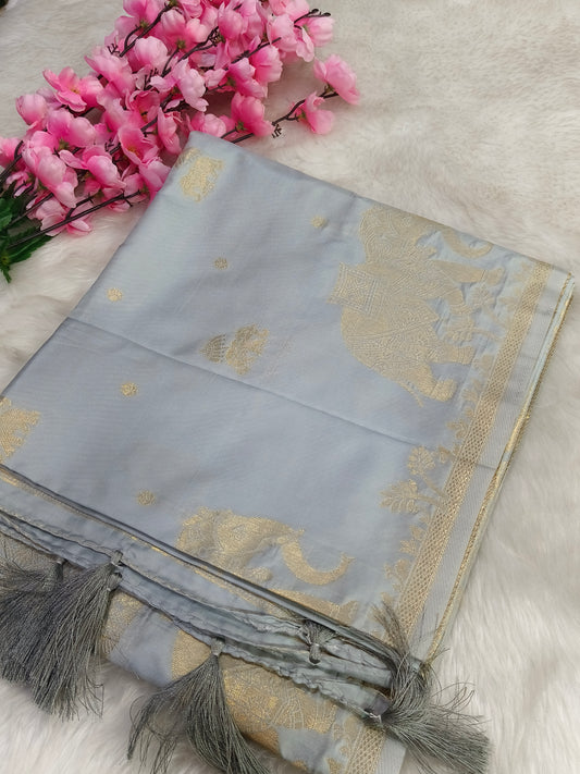 Pestal grey green Soft mulberry silk saree