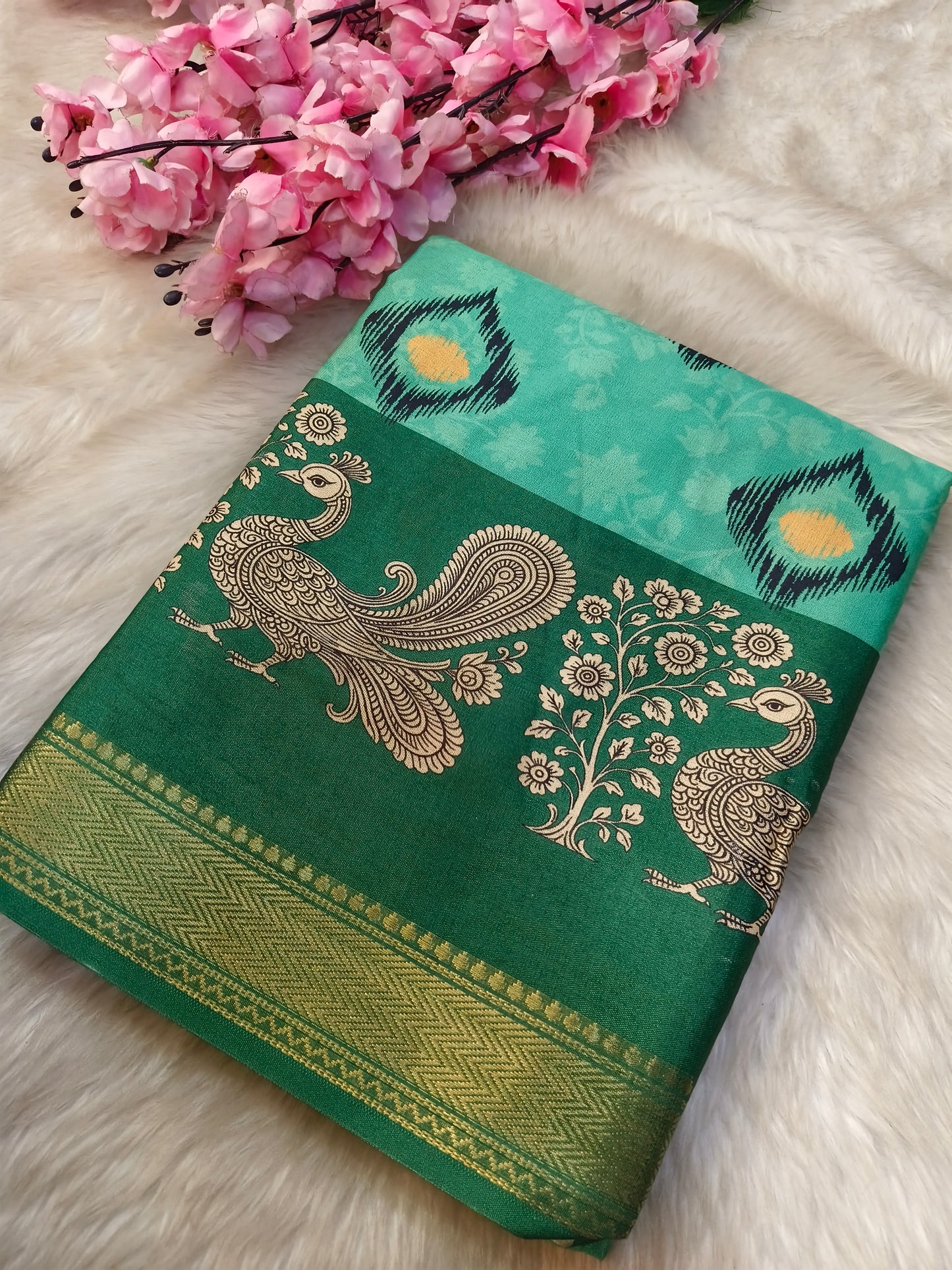 Mint Green with bottle Green printed silk saree
