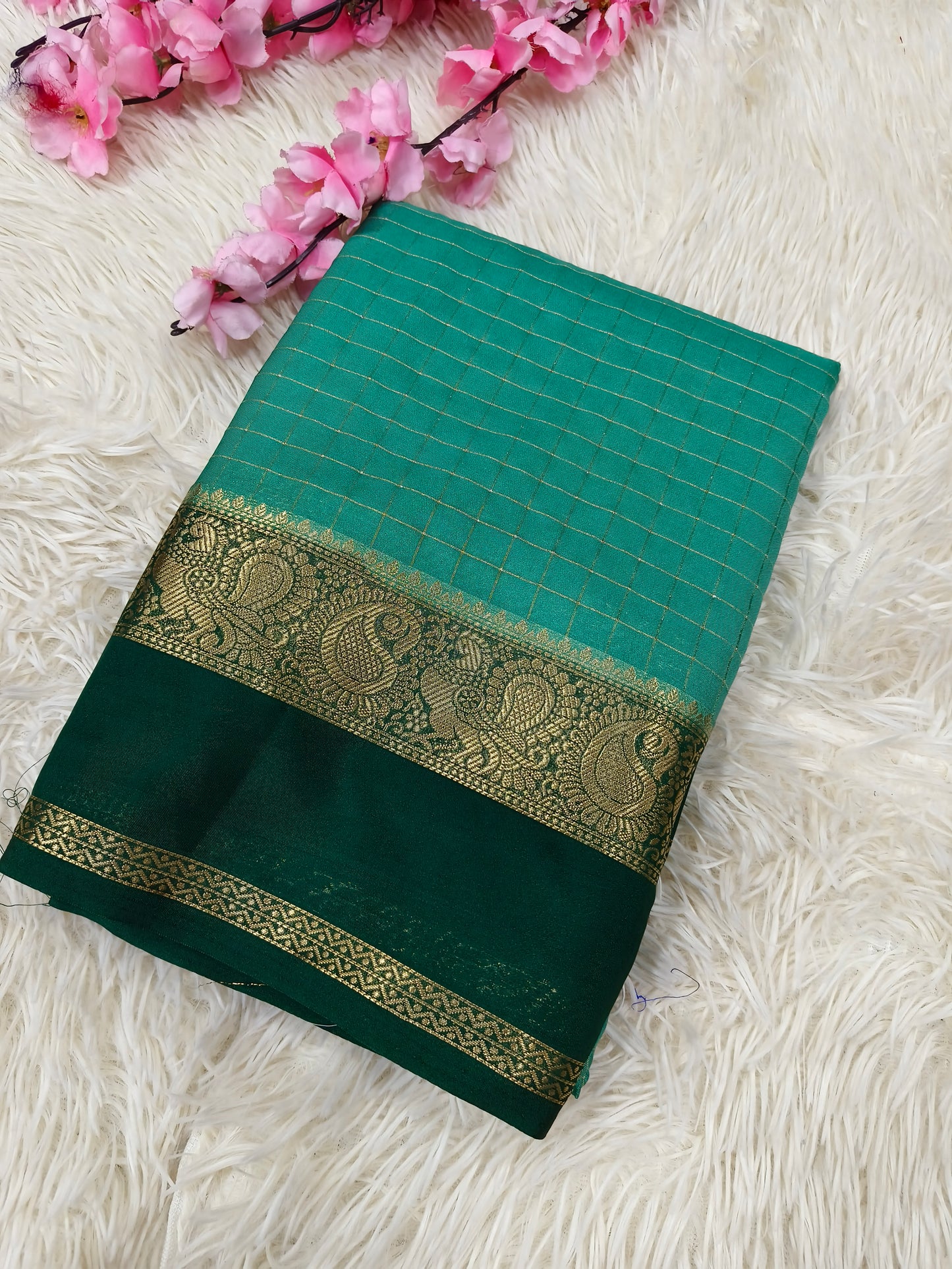 Pastel Green with bottle green semi Mysore crepe silk