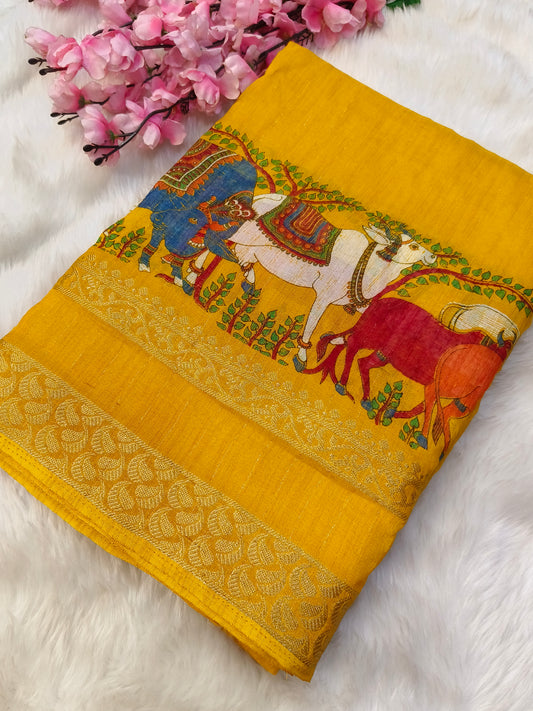 Yellow Pichwai Chinon silk saree