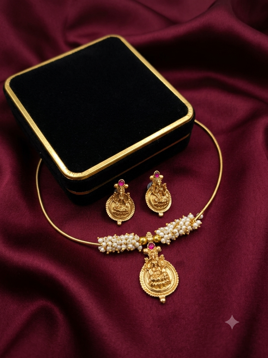 Divine Lakshmi Pearl Wire Necklace Set