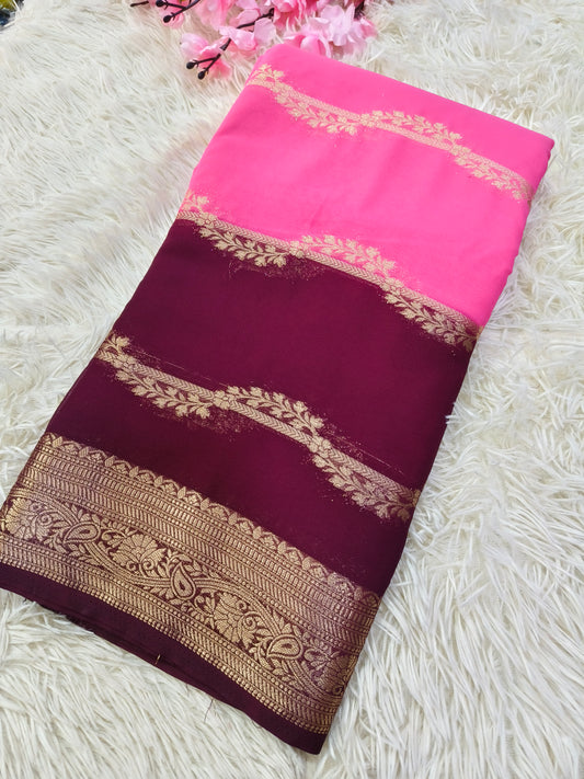 Rose Pink with Wine kadi Georgette silk saree