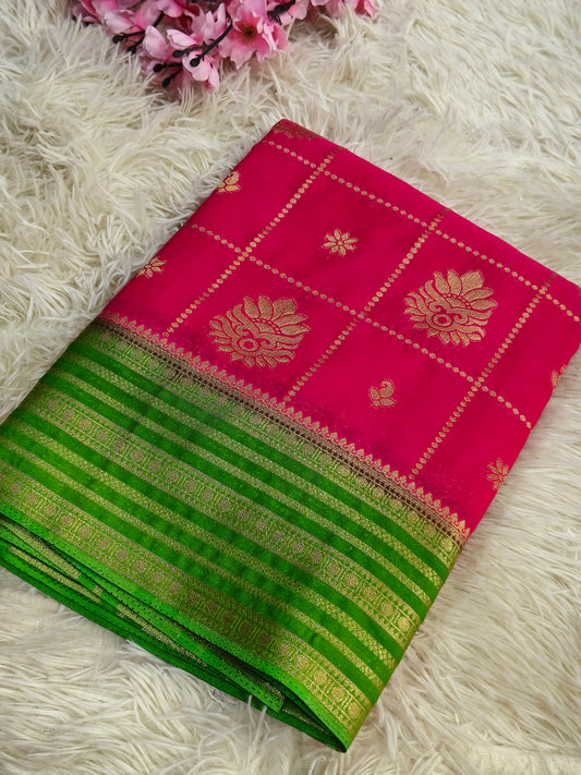 Pink With Green semi Mysore crepe  georgette silk saree