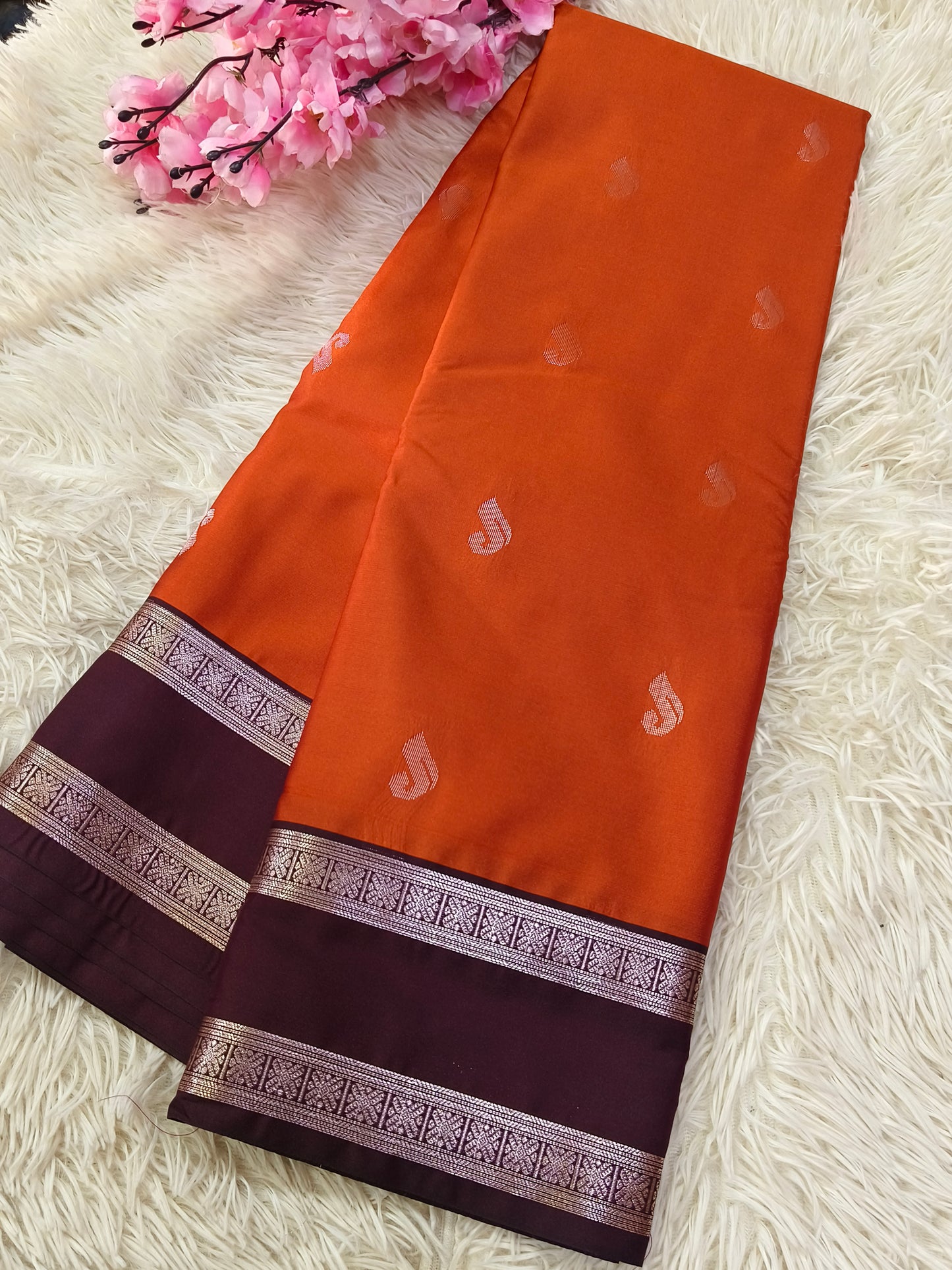 Rustic Orange With Brown Semi kanjivaram silk saree