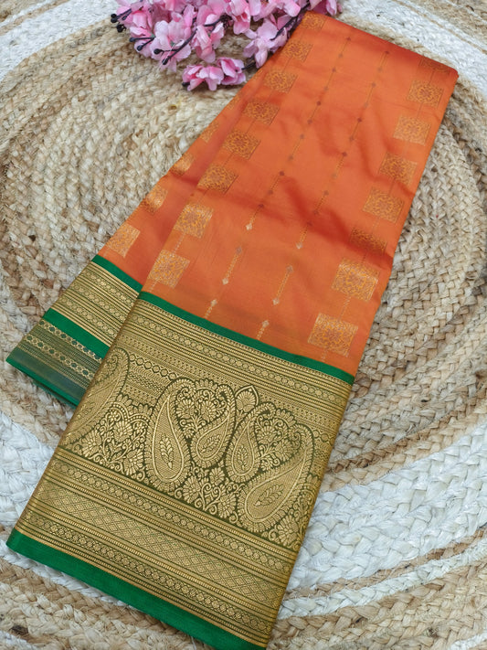 Orange with Green Elegant  soft semi kanjivaram silk saree