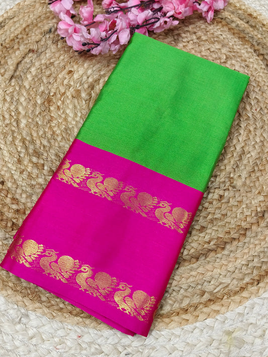 Parrot Green With Pink Gadwal Semi silk saree