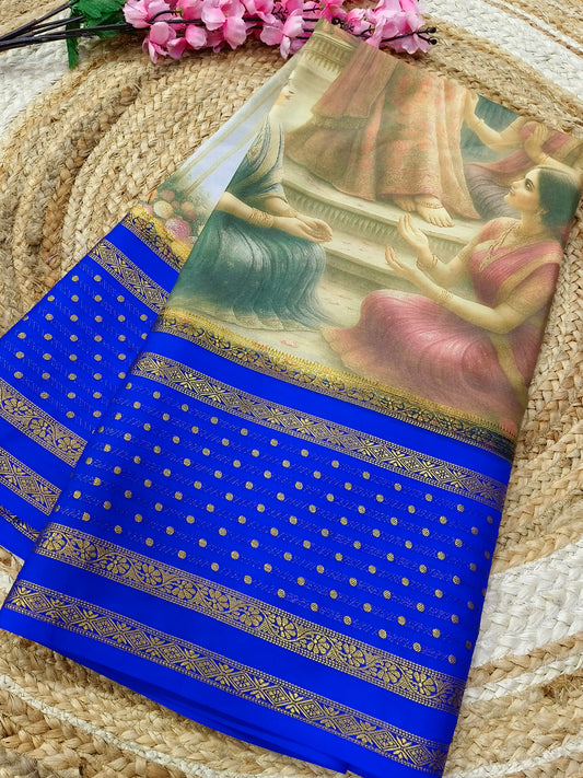 Royal Blue queen's printed semi Mysore crepe silk saree