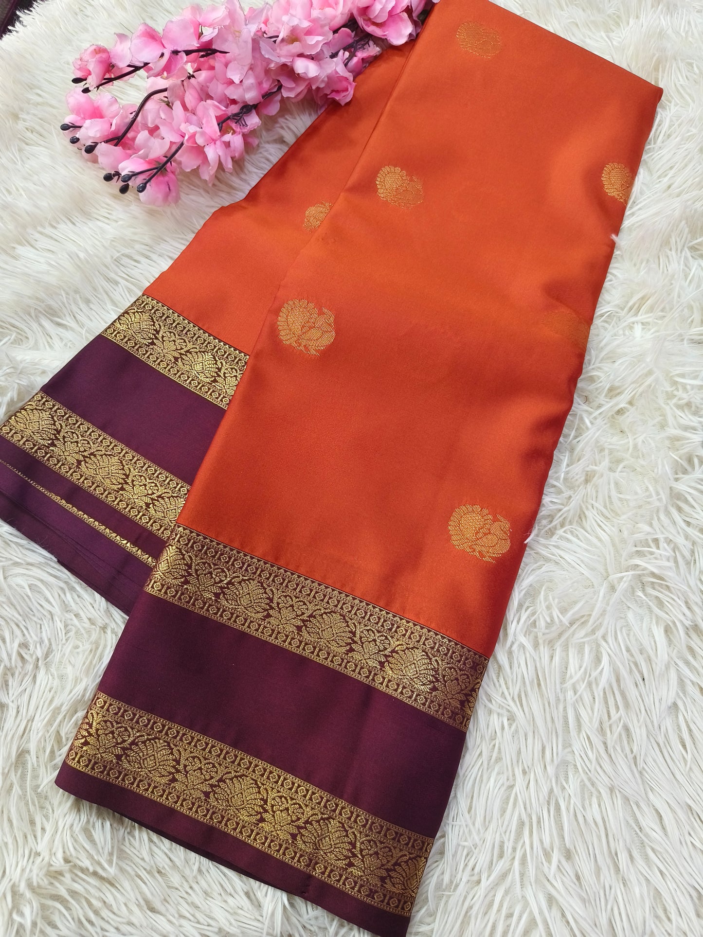 Rustic Orange With Brown Semi kanjivaram silk saree