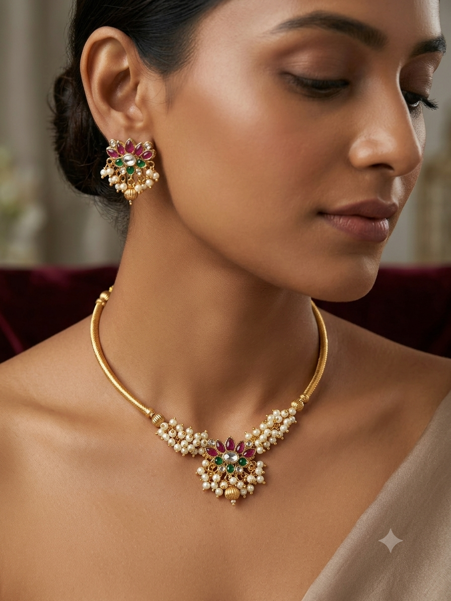 Floral Stone & Pearl Wire Choker Set