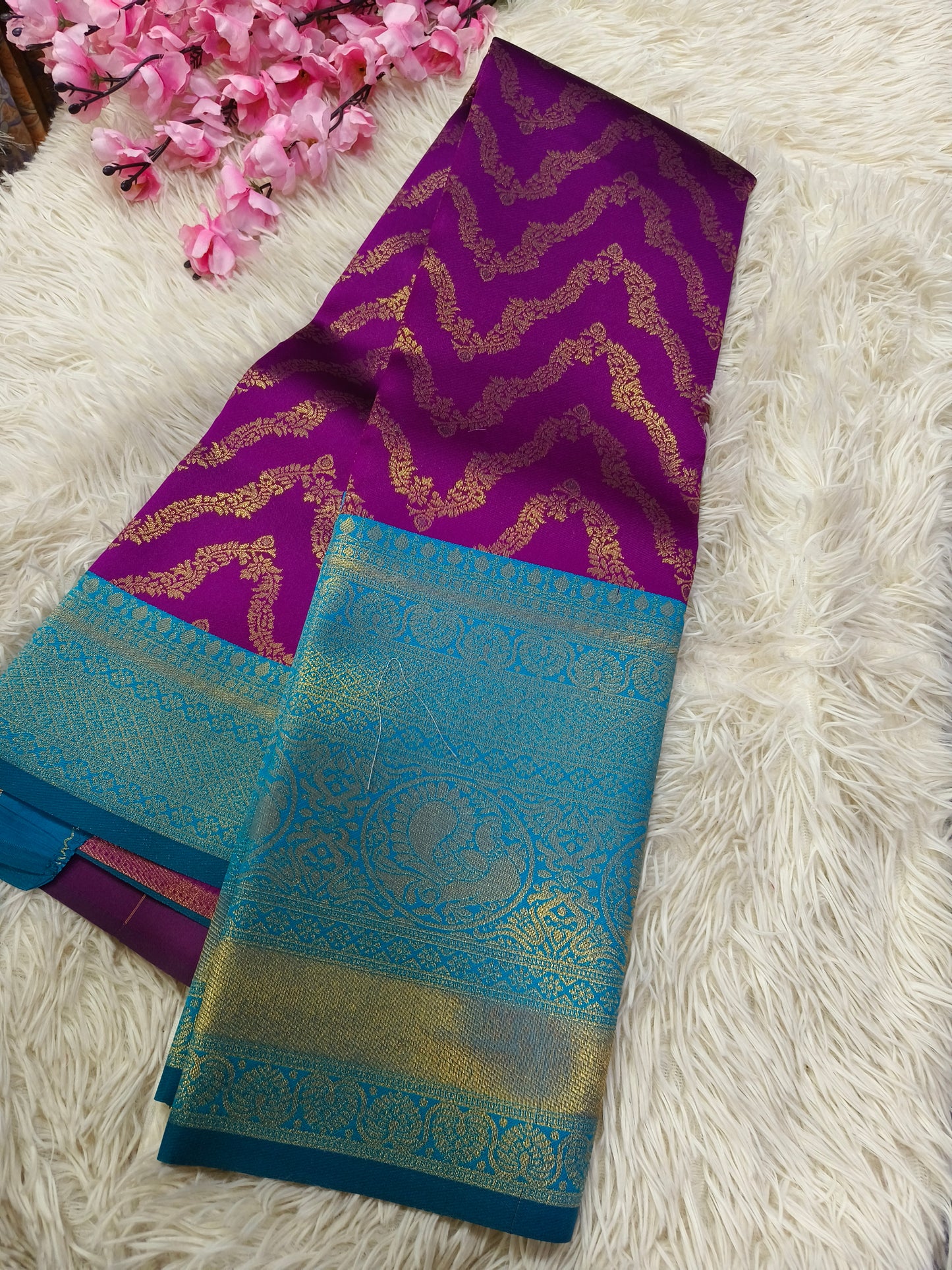Purple with light blue   Bridal semi silk saree