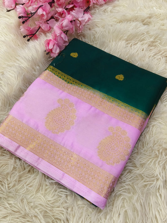 Bottle Green With Baby Pink Semi Mysore crepe silk saree
