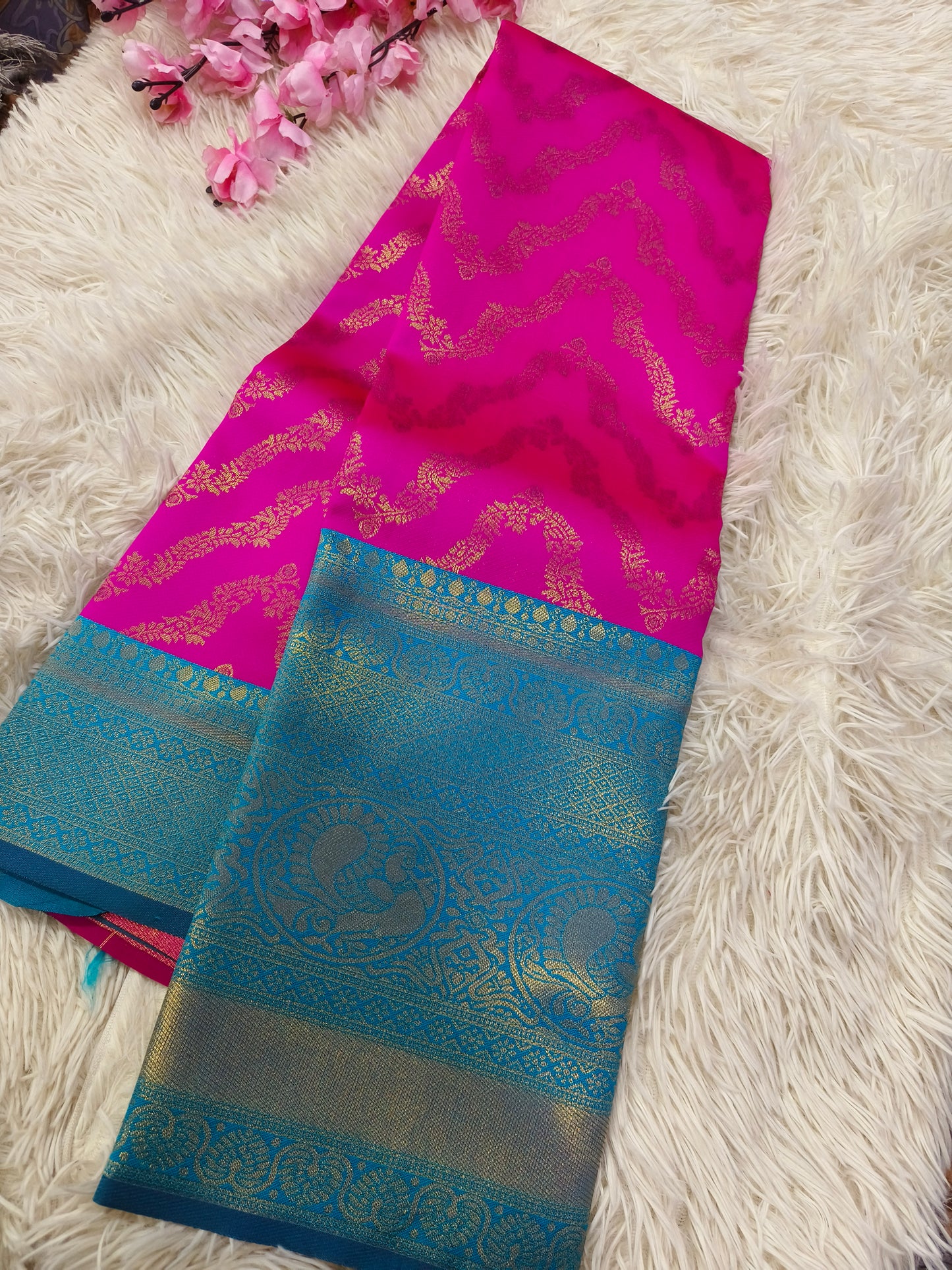 Rani pink  with light blue   Bridal semi silk saree