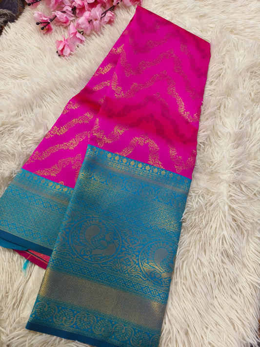 Rani pink  with light blue   Bridal semi silk saree