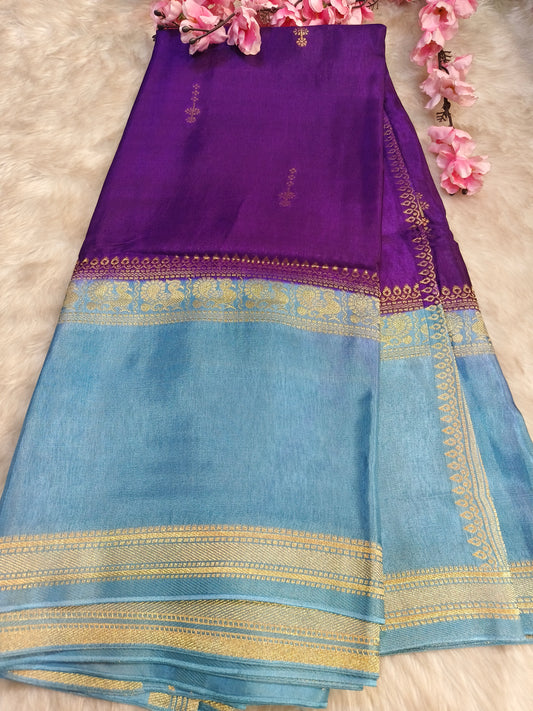 Purple with sky blue Munga silk saree
