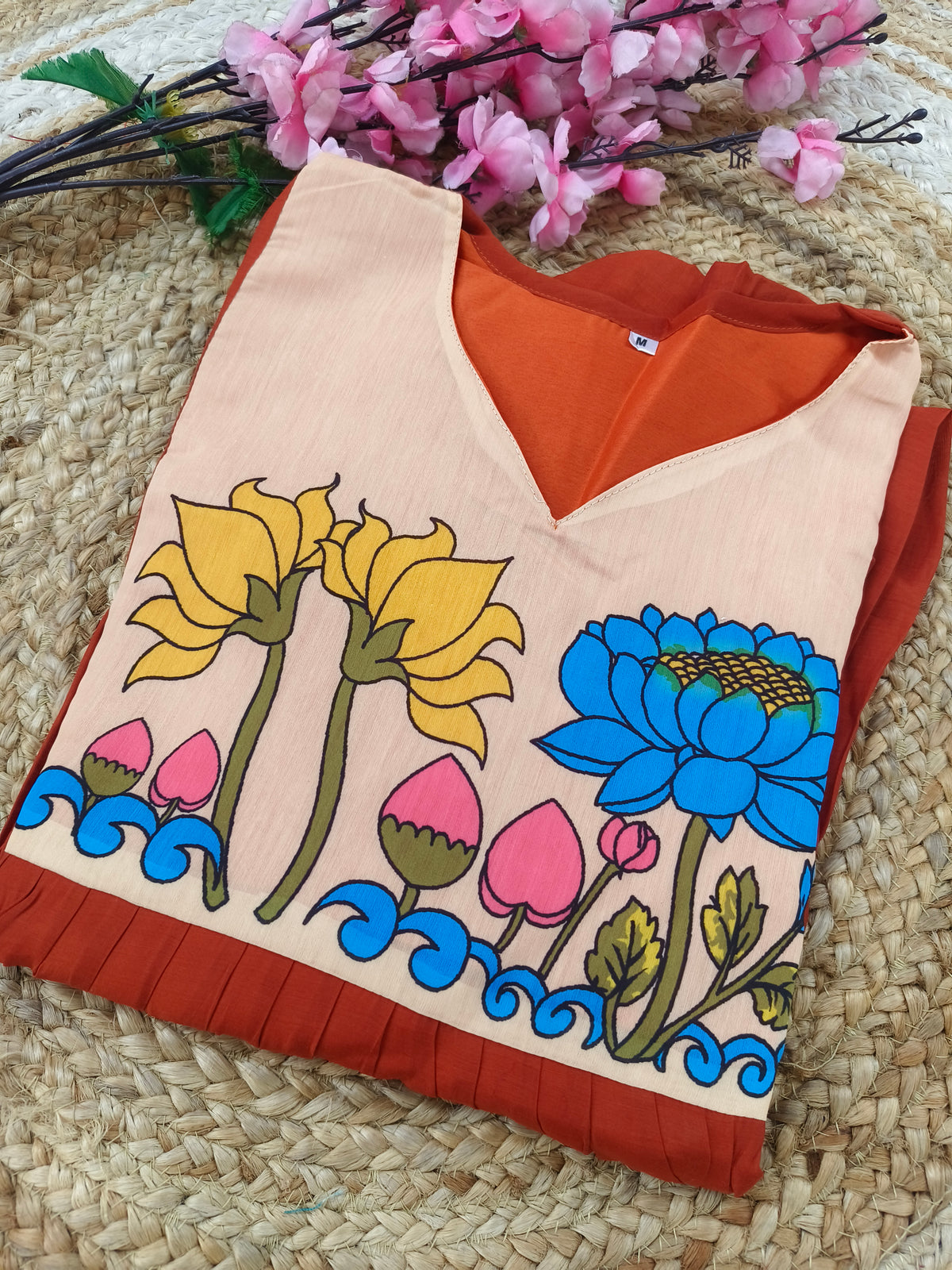 Orange Floral Kalamkari Style A-Line Kurti