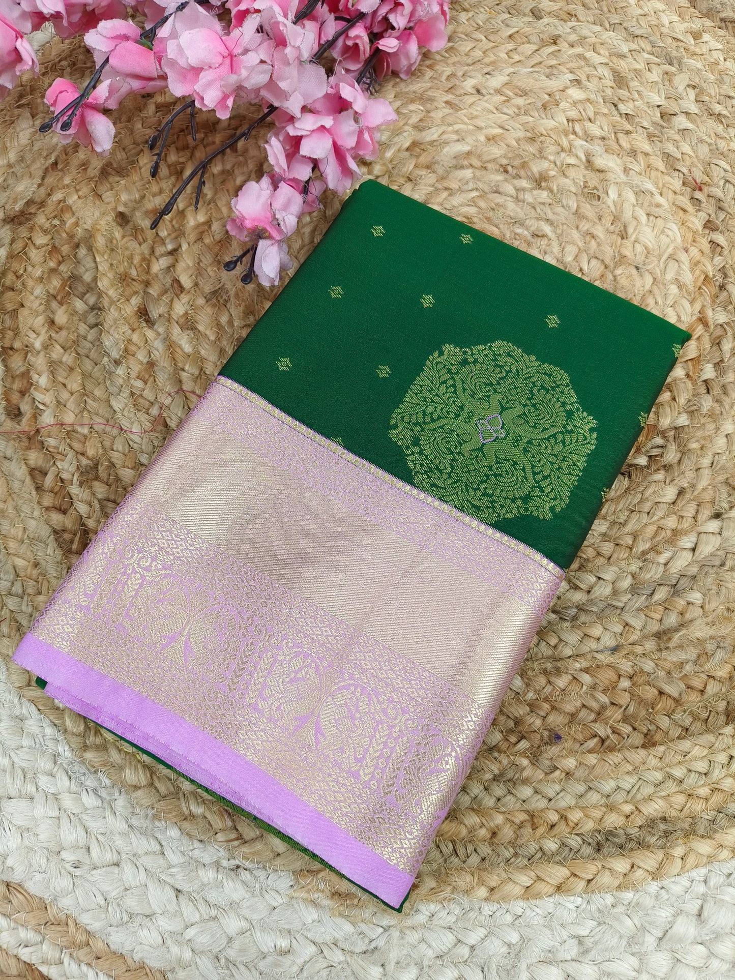 Bottle green with baby pink Elegant semi kanjivaram silk saree