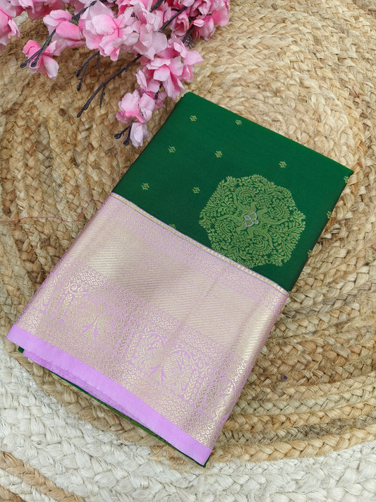 Bottle green with baby pink Elegant semi kanjivaram silk saree