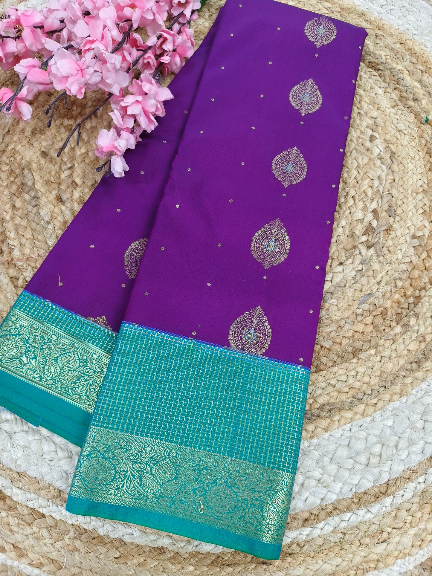 Purple with green Elegant semi kanjivaram silk saree
