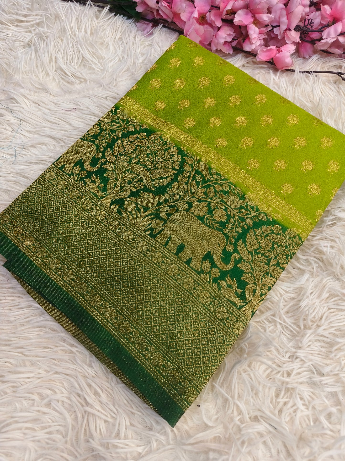 Parrot green with bottle green Banarasi georgette silk saree