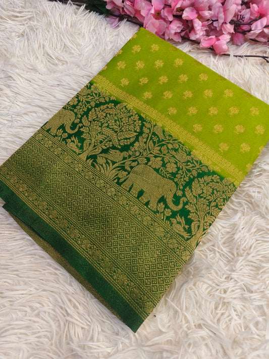 Parrot green with bottle green Banarasi georgette silk saree