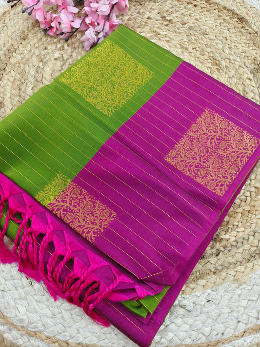Leaf Green with Pink Elegant soft semi kanjivaram silk saree