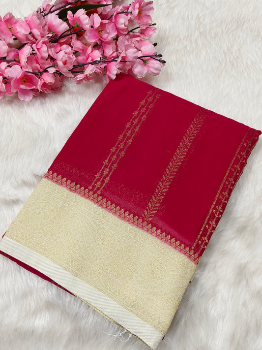 Pink with white semi Mysore crepe silk saree