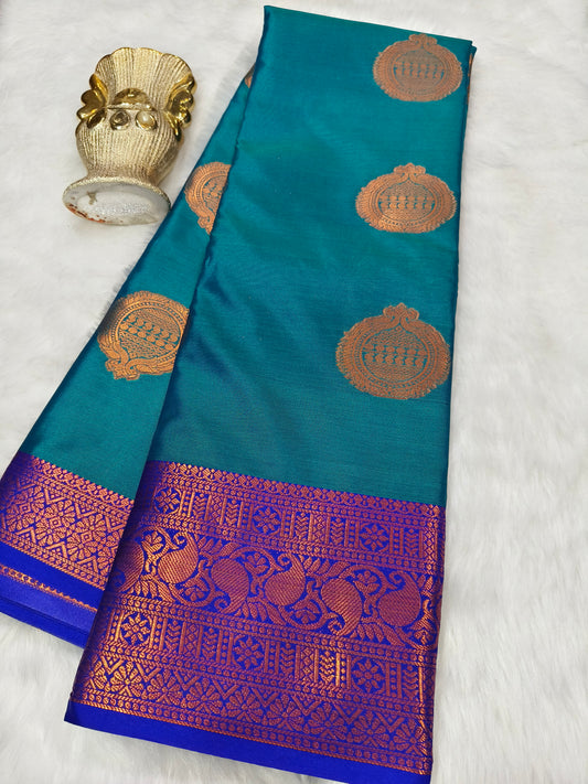 Peacock Blue with pink Semi silk saree