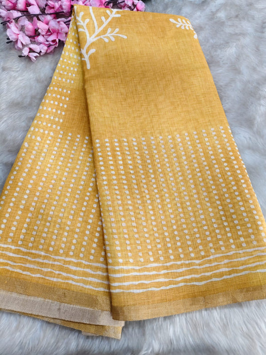 Yellow   Linen cotton saree