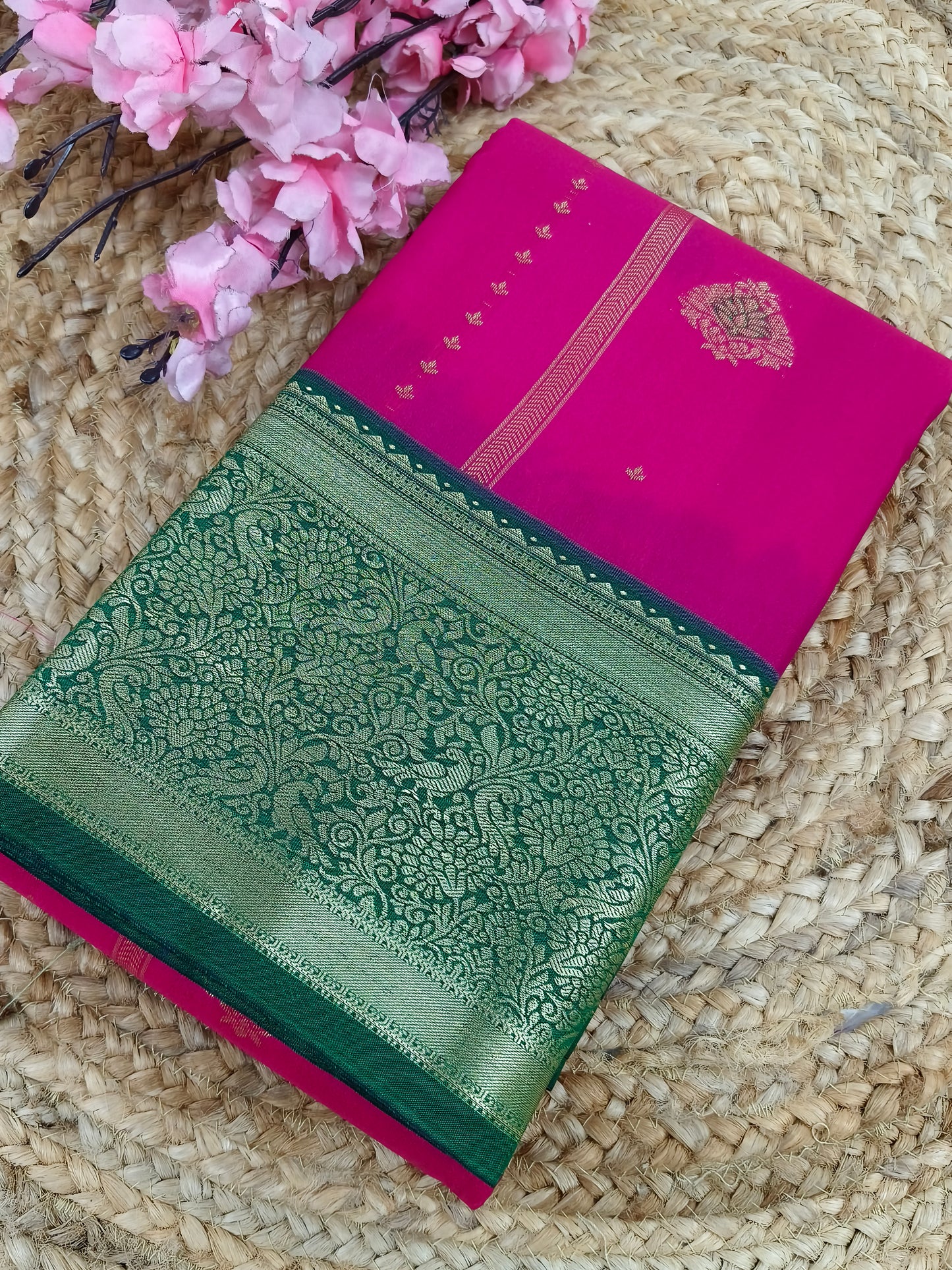 Rani Pink with bottle green Elegant semi kanjivaram silk saree