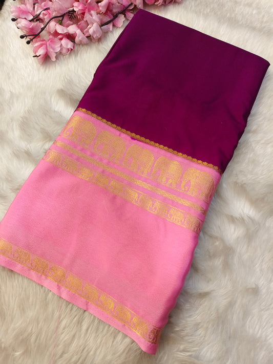 Wine with light pink semi Mysore crepe silk saree