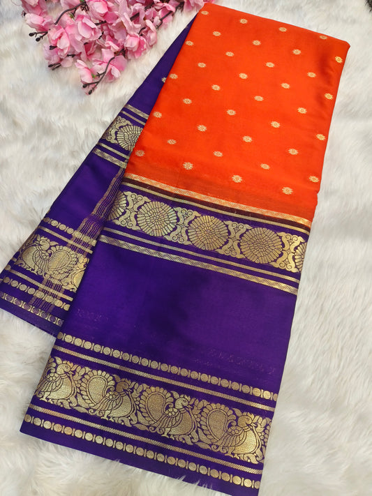 Super Trending Orange with purple Semi Mysore crepe silk saree