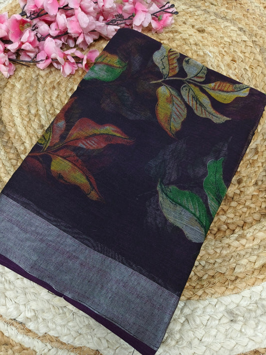 Dark wine - Black Lenin Cotton saree