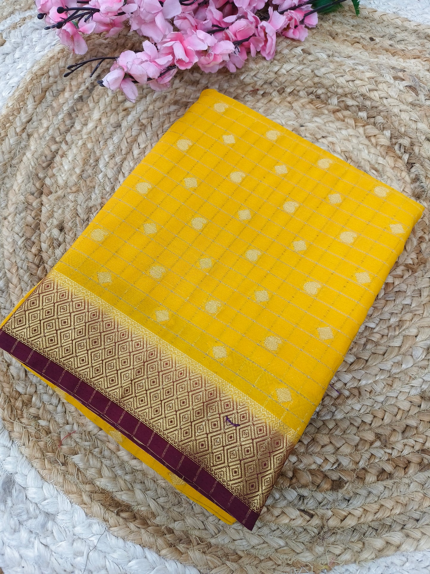 Yellow with wine Semi Mysore silk