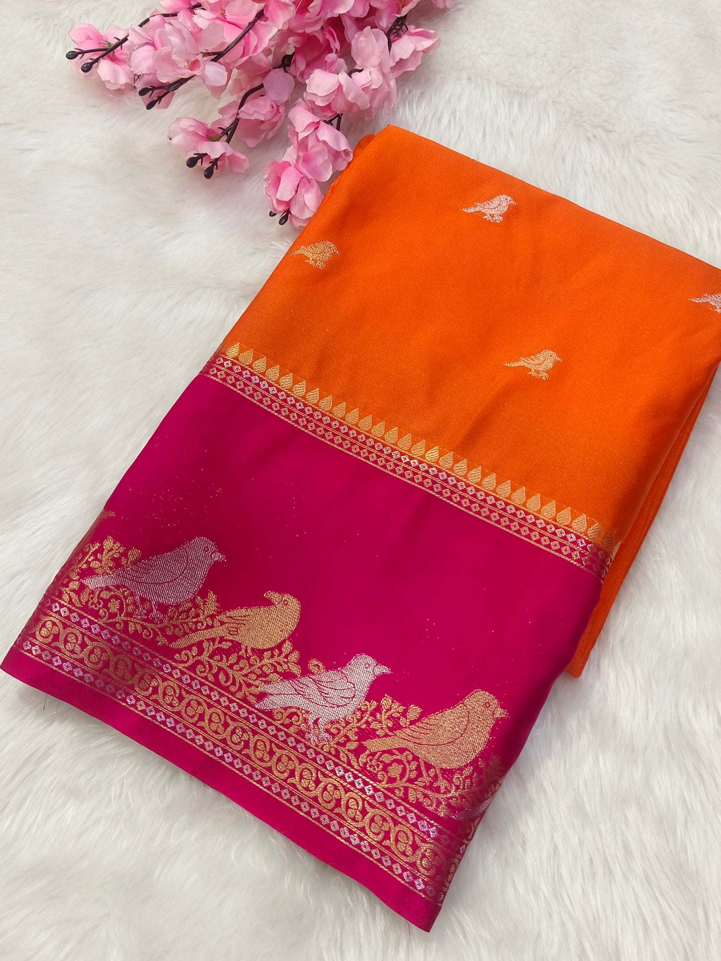 Orange With Pink Semi Mysore crepe silk saree