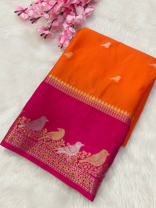 Orange With Pink Semi Mysore crepe silk saree