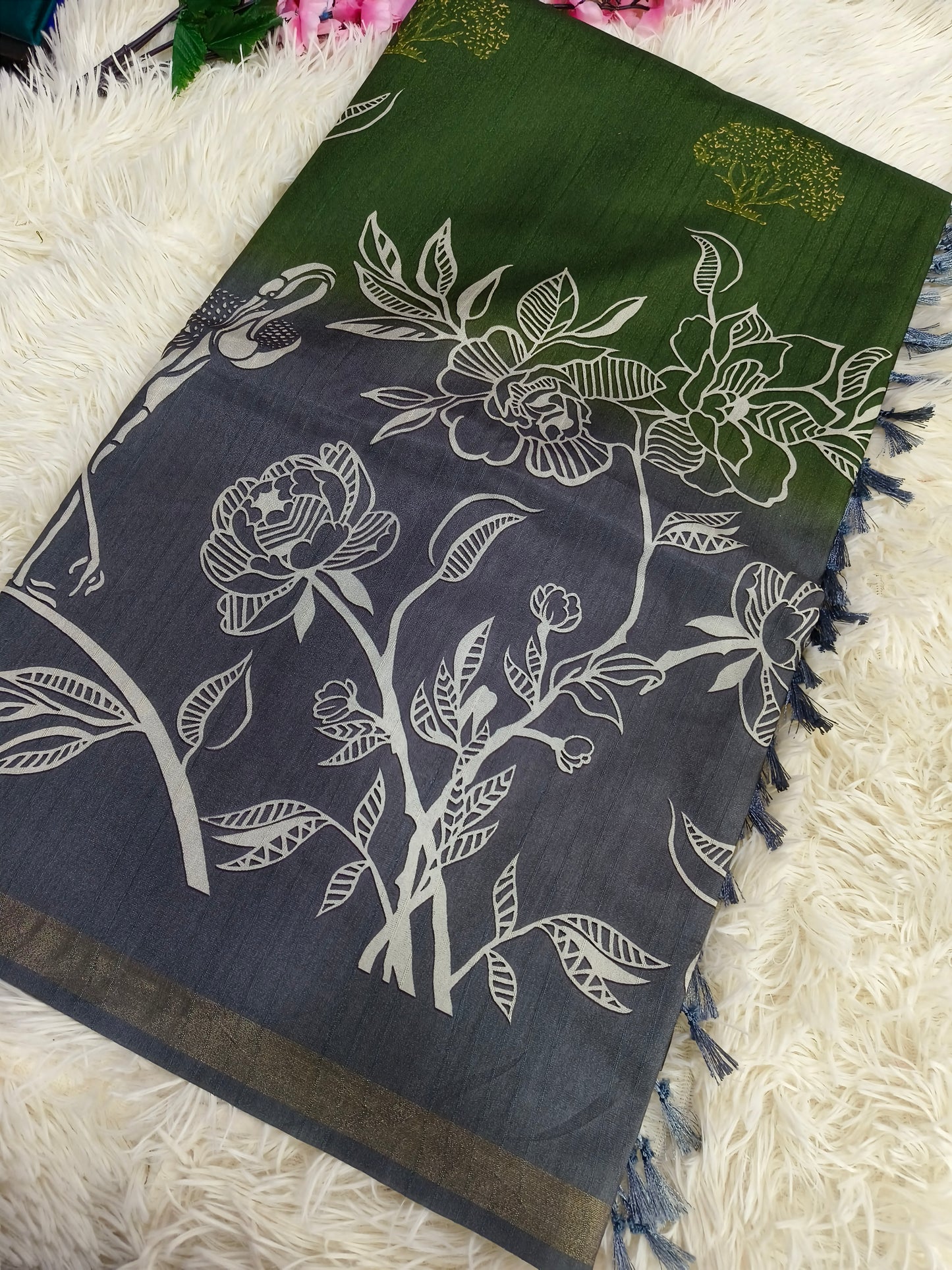 Green With Grey Tussar silk saree