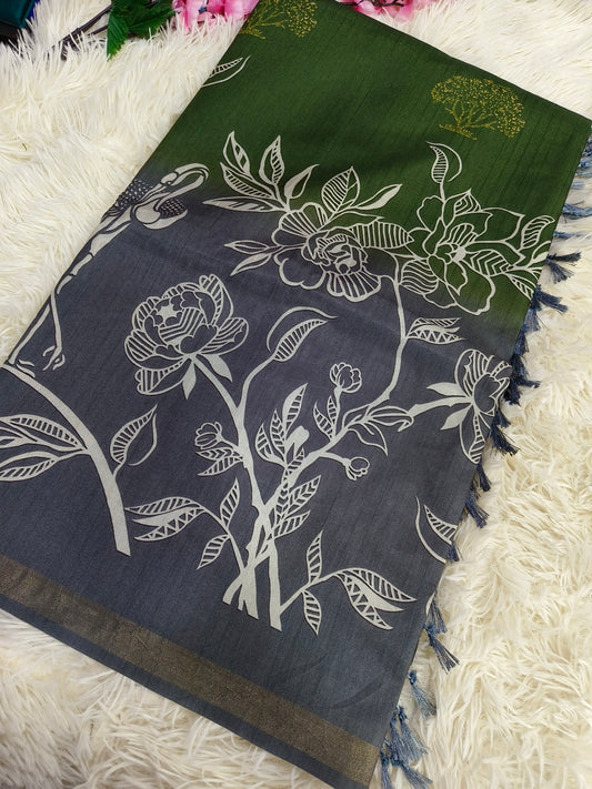 Green With Grey Tussar silk saree
