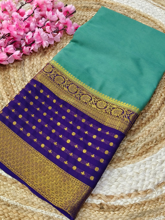 Sea green with purple semi Mysore crepe silk saree