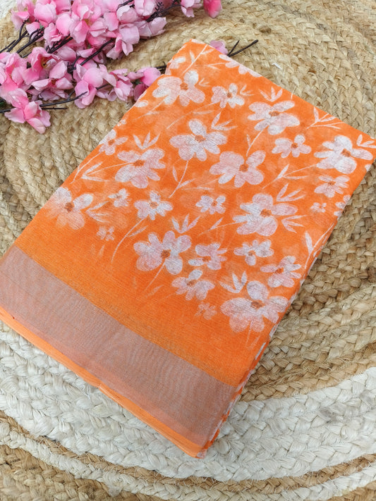 Orange Lenin Cotton saree