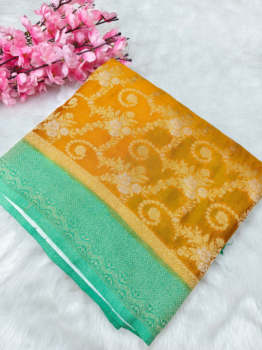 Yellow with Green  pure georgette silk saree