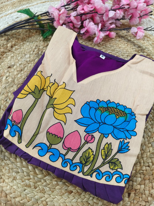 Wine Floral Kalamkari Style A-Line Kurti