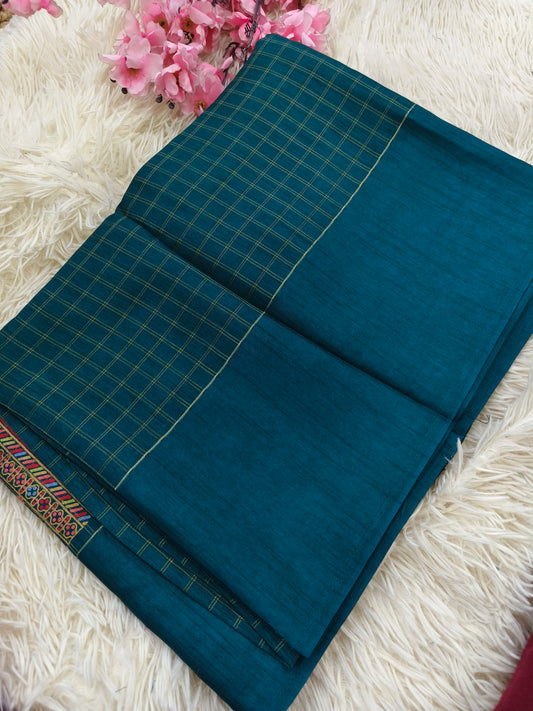 Peacock Blue saree with zari chex