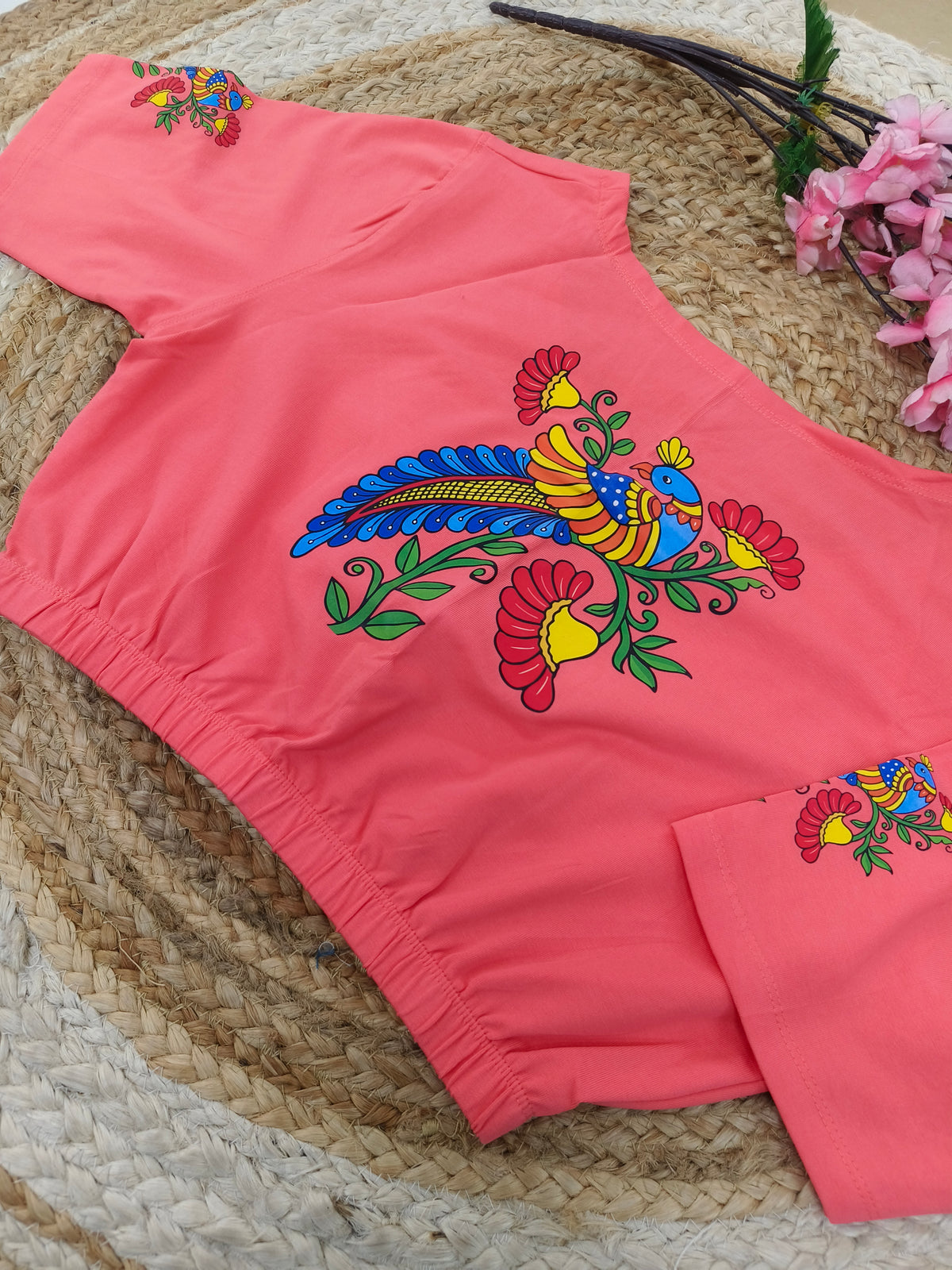 Peach Stretchable blouse with unique printed design