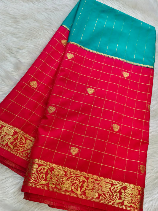 Rama Green With Pink semi Mysore crepe silk saree