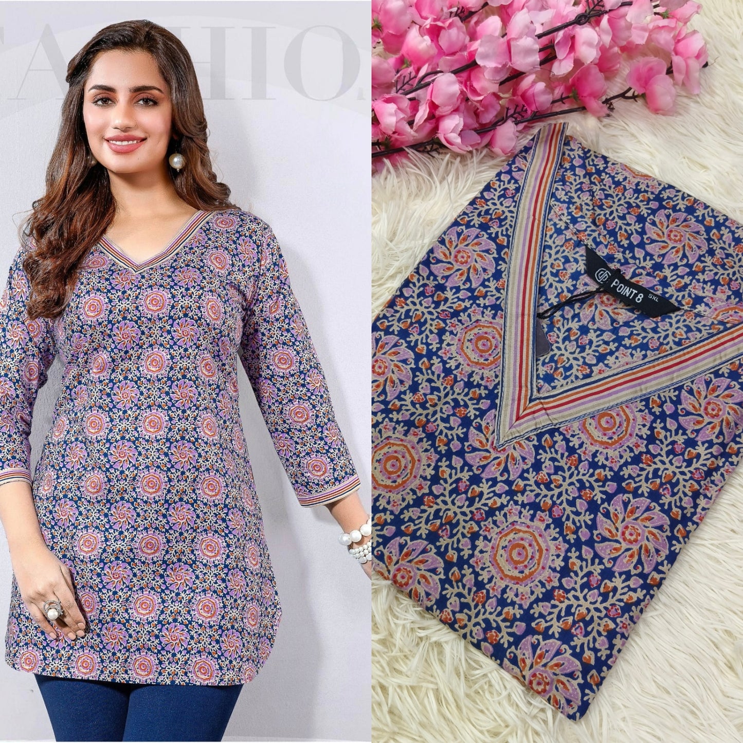 Blue with grey  Cotton short Kurtis