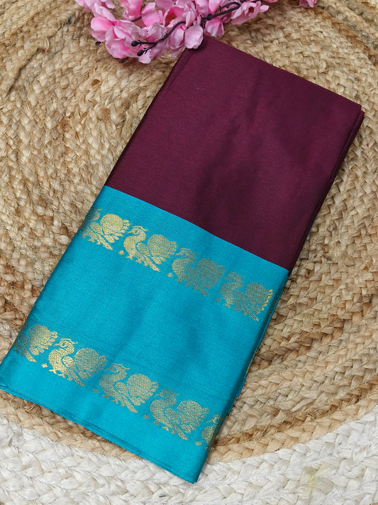 Wine With Sky Blue Gadwal Semi silk saree