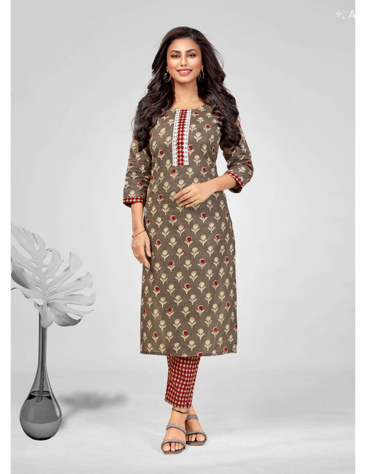 Light brown with maroon Elegant Printed Cotton Kurta