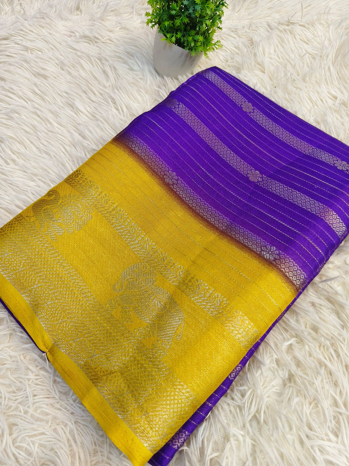 Purple with yellow fancy silk saree