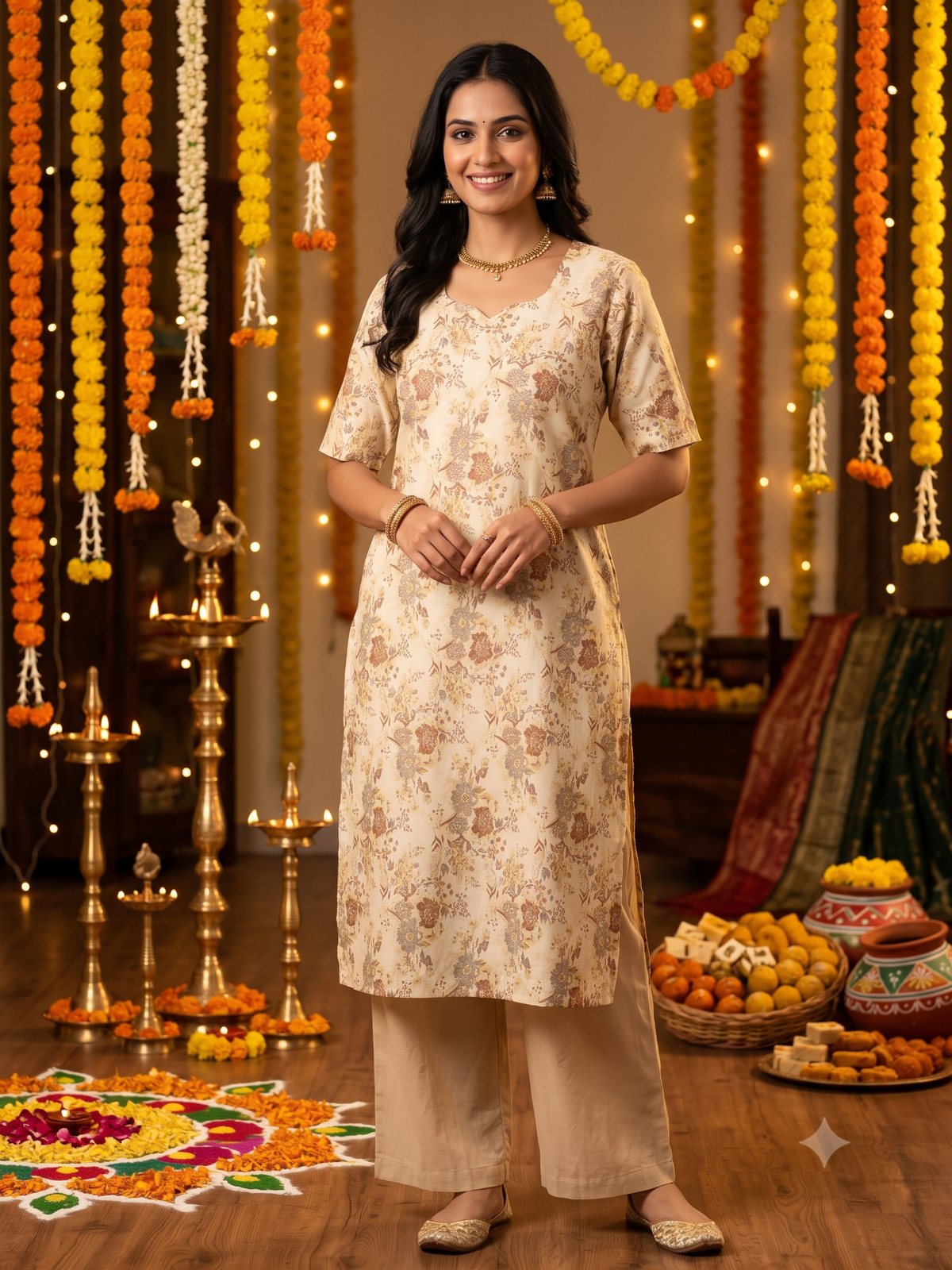 Cream cotton straight kurta