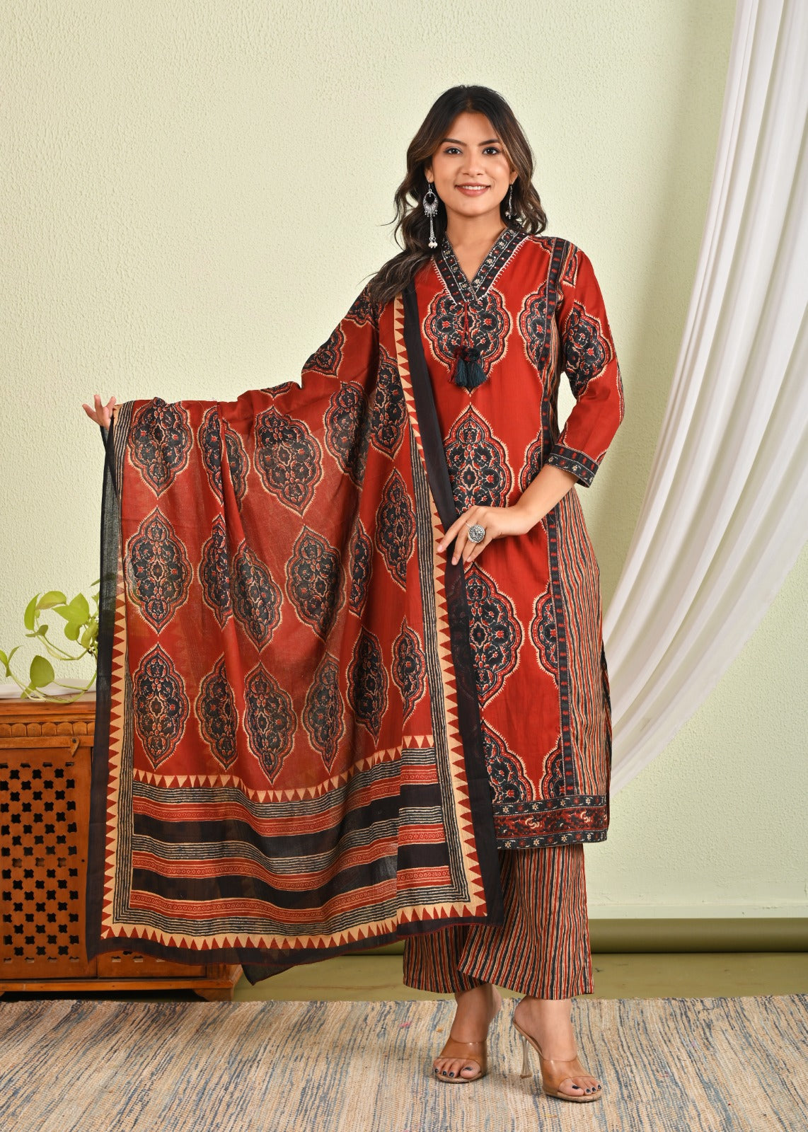 Marron Cotton sets with duppata